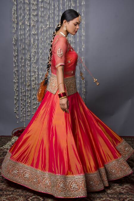 Shop_Shweta Dabas_Orange , Organza Embroidery, Zari Round Neck Lehenga Set With Dupatta _Online_at_Aza_Fashions