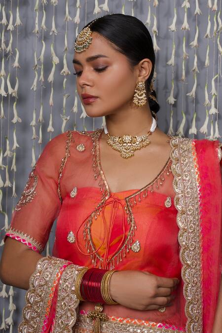 Shweta Dabas_Orange , Organza Embroidery, Zari Round Neck Lehenga Set With Dupatta _at_Aza_Fashions