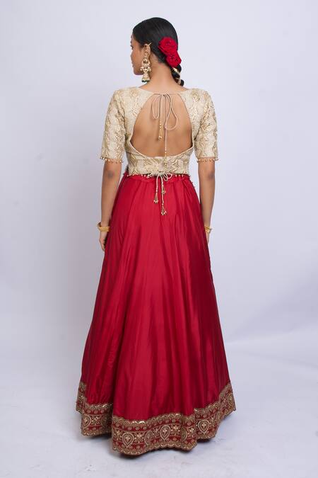 Shop_Shweta Dabas_Maroon Silk Tassels, Beads, Pearls, Embroidery Round Lehenga Set With Dupatta _at_Aza_Fashions