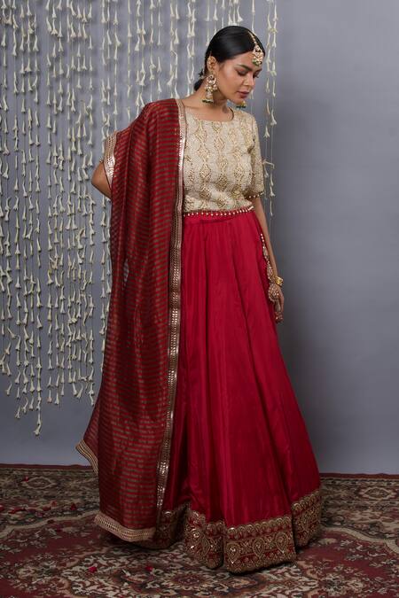 Buy_Shweta Dabas_Maroon Silk Tassels, Beads, Pearls, Embroidery Round Lehenga Set With Dupatta _Online_at_Aza_Fashions
