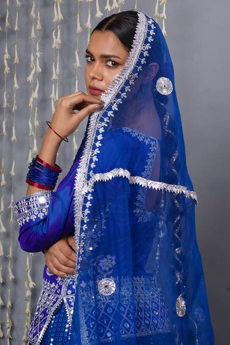 Shweta Dabas_Blue Georgette, , Organza Mirrors, Sequins, Gota Patti Work Lehenga Set _Online_at_Aza_Fashions