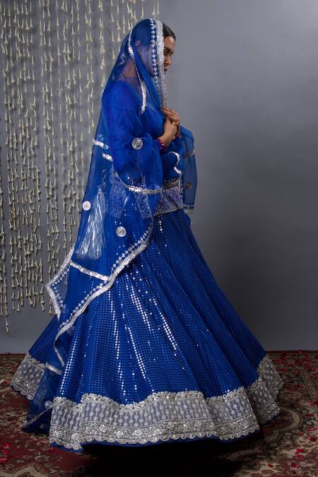 Buy_Shweta Dabas_Blue Georgette, , Organza Mirrors, Sequins, Gota Patti Work Lehenga Set _Online_at_Aza_Fashions