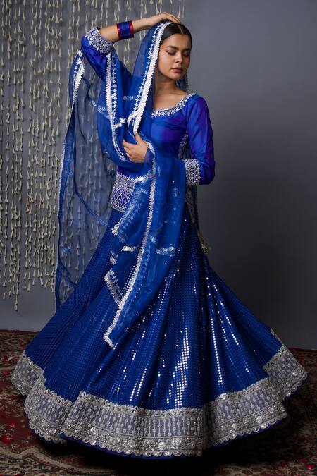 Shop_Shweta Dabas_Blue Georgette, , Organza Mirrors, Sequins, Gota Patti Work Lehenga Set _Online_at_Aza_Fashions