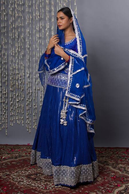 Shweta Dabas_Blue Georgette, , Organza Mirrors, Sequins, Gota Patti Work Lehenga Set _at_Aza_Fashions