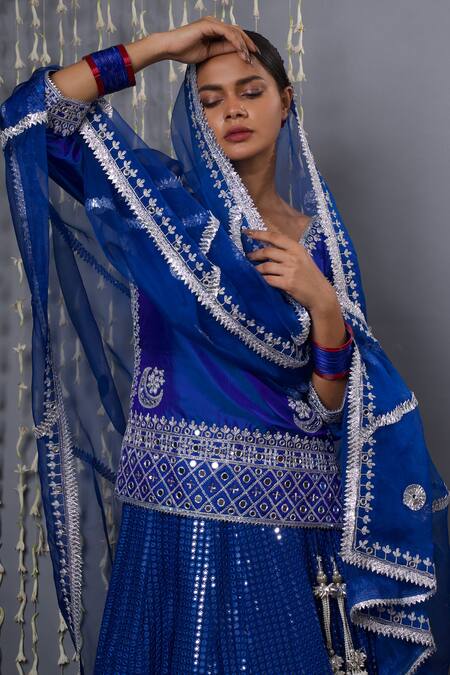 Buy_Shweta Dabas_Blue Georgette, , Organza Mirrors, Sequins, Gota Patti Work Lehenga Set 