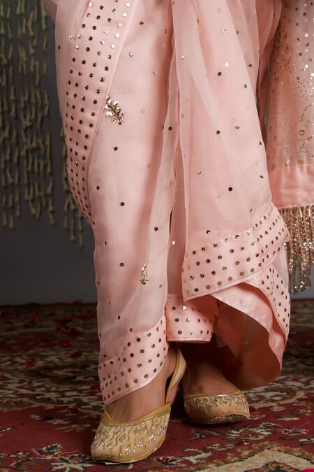 Buy_Shweta Dabas_Peach Silk, Satin, Net Embroidery, Sequins Round Neck Pink Organza Saree Set _Online_at_Aza_Fashions