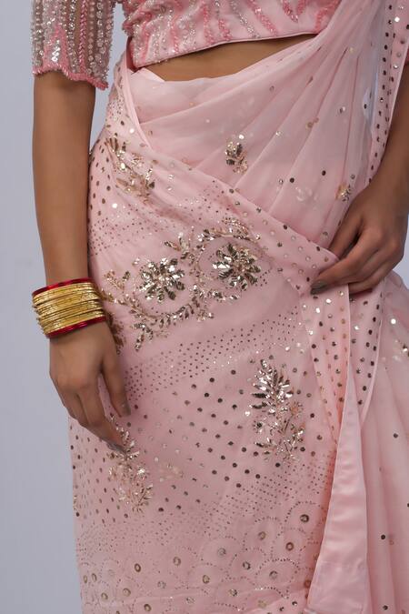 Shop_Shweta Dabas_Peach Silk, Satin, Net Embroidery, Sequins Round Neck Pink Organza Saree Set _Online_at_Aza_Fashions