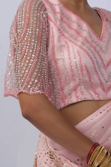 Buy_Shweta Dabas_Peach Silk, Satin, Net Embroidery, Sequins Round Neck Pink Organza Saree Set 