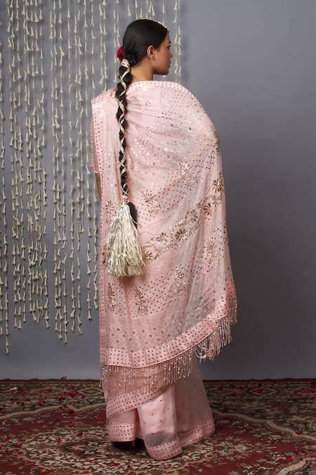 Shweta Dabas Peachish Pink Silk Organza Saree Set 