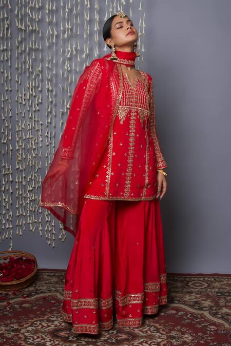 Buy_Shweta Dabas_Red Crepe, Silk Organza Sequins, Beads Round Neck Embroidered Sharara Set _Online_at_Aza_Fashions