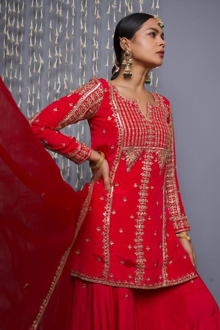 Shop_Shweta Dabas_Red Crepe, Silk Organza Sequins, Beads Round Neck Embroidered Sharara Set _Online_at_Aza_Fashions