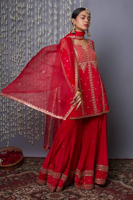 Shop_Shweta Dabas_Red Crepe, Silk Organza Sequins, Beads Round Neck Embroidered Sharara Set 