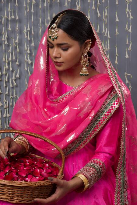 Buy_Shweta Dabas_Pink , Organza Zari, Embroidery Round Neck Zardozi Anarkali Set _Online_at_Aza_Fashions