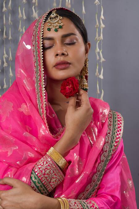 Shop_Shweta Dabas_Pink , Organza Zari, Embroidery Round Neck Zardozi Anarkali Set _Online_at_Aza_Fashions