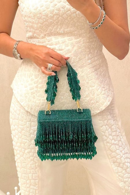 Shop Adora By Ankita Green Crystals Flapper Clutch at Aza Fashions Shop_Adora By Ankita_Green Crystals Flapper Clutch _at_Aza_Fashions
