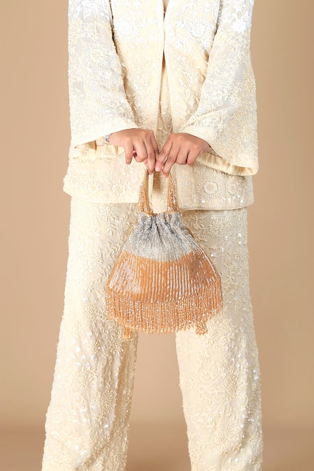 Adora By Ankita_Gold Beads, Fringe Metallic Chevron Crystal Flapper Bag _Online_at_Aza_Fashions