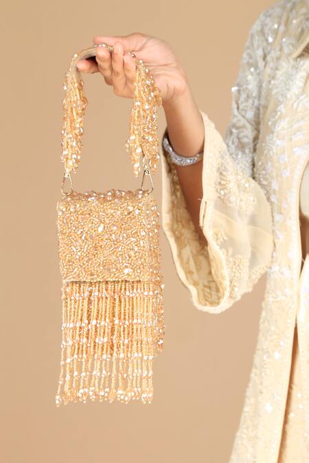 Adora By Ankita_Gold Crystals Embellished Velvet Mini Clutch _Online_at_Aza_Fashions