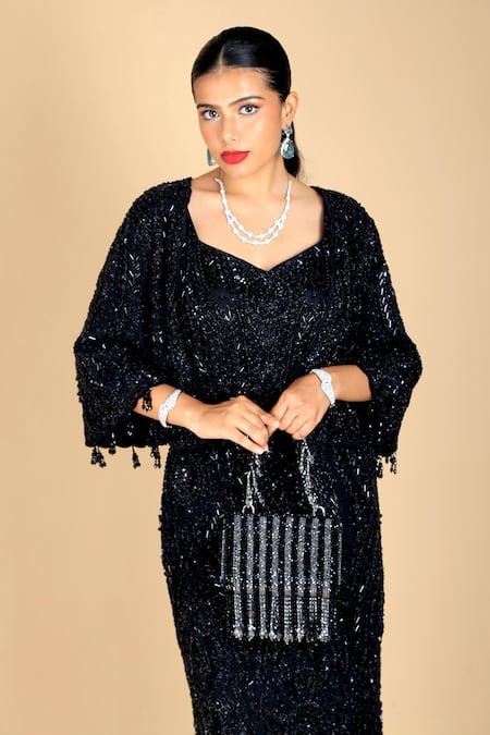 Adora By Ankita_Black Crystals, Fringe Clutch Bag _Online_at_Aza_Fashions