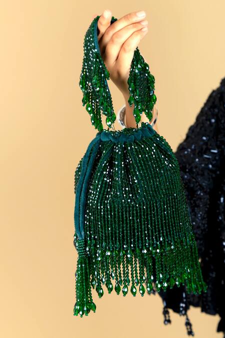 Adora By Ankita_Green Crystals, Beads Emerald Velvet Bucket Bag _Online_at_Aza_Fashions