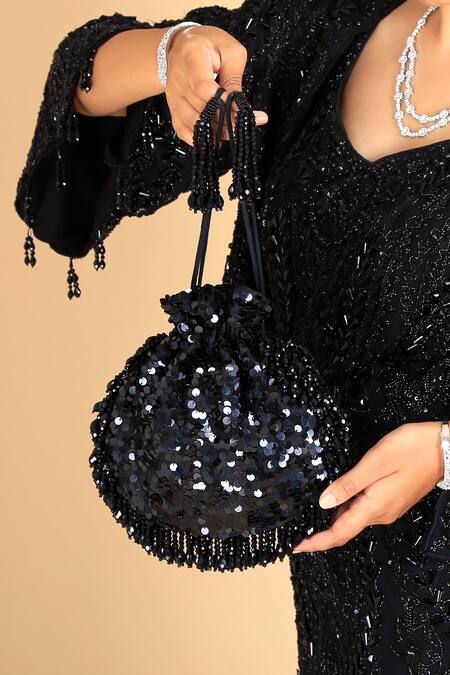 Adora By Ankita_Black Sequins, Tassels Flapper Potli Bag _Online_at_Aza_Fashions