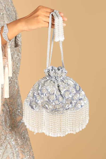 Adora By Ankita Embroidered Silver Potli Bag With Tassels 
