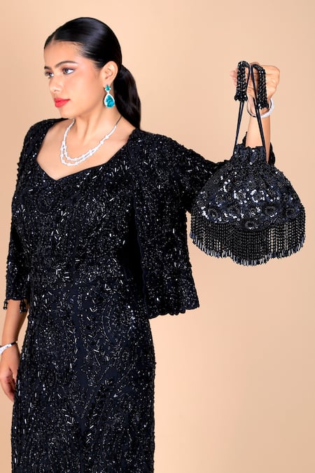 Adora By Ankita_Black Beads, Sequins Floral Embroidered Potli Bag With Tassels _Online_at_Aza_Fashions