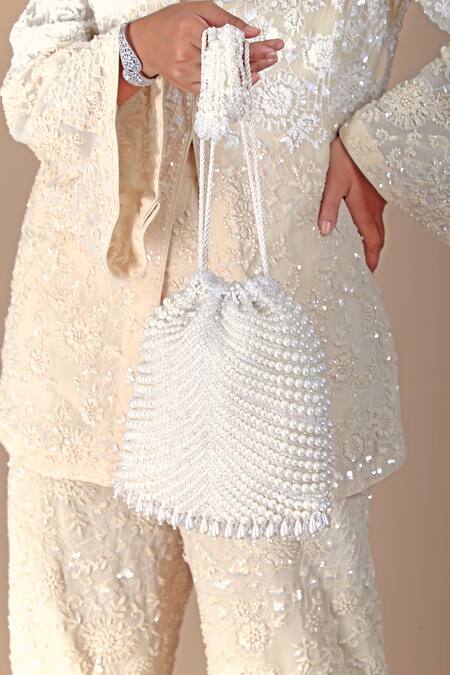 Adora By Ankita_Cream Pearls, Crystals Ivory Chevron Pattern Clutch Bag _Online_at_Aza_Fashions