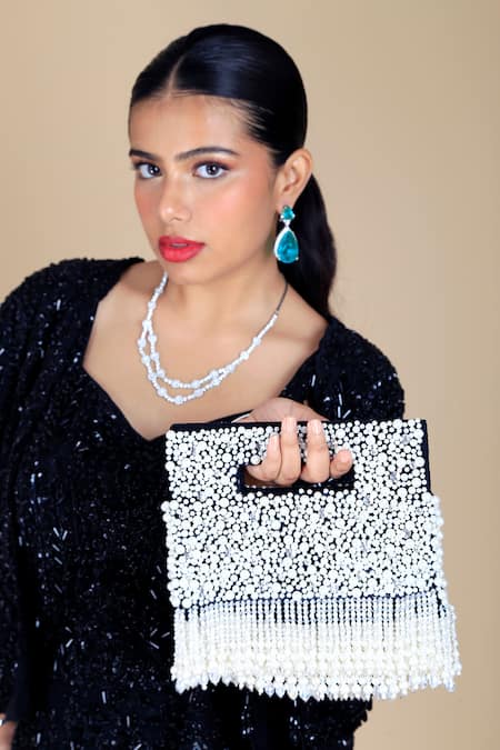 Adora By Ankita Black Velvet Pearl Fringe Clutch Bag 