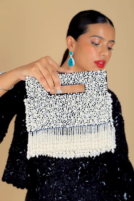 Adora By Ankita_Black Pearls, Stones, Fringe Velvet Clutch Bag _Online_at_Aza_Fashions