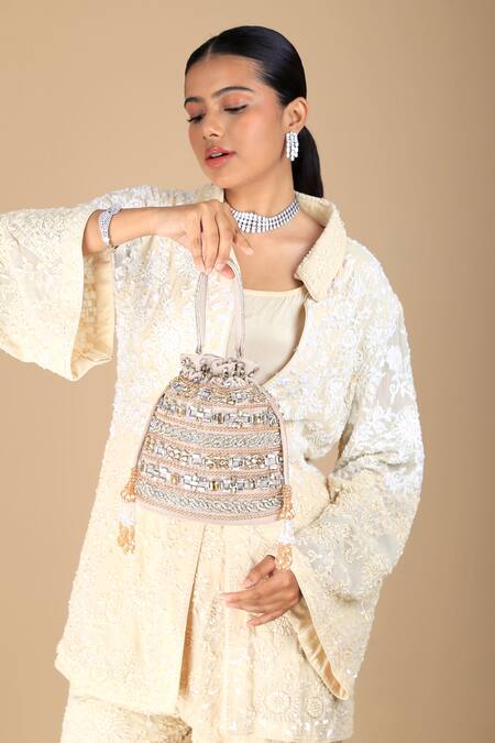 Adora By Ankita_Gold Embroidery, Beads, Crystals, Stones Embellished Velvet Potli Bag _Online_at_Aza_Fashions