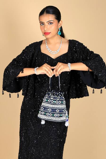 Adora By Ankita_Black Embroidery, Beads, Crystals, Pearls Velvet Potli Bag _Online_at_Aza_Fashions
