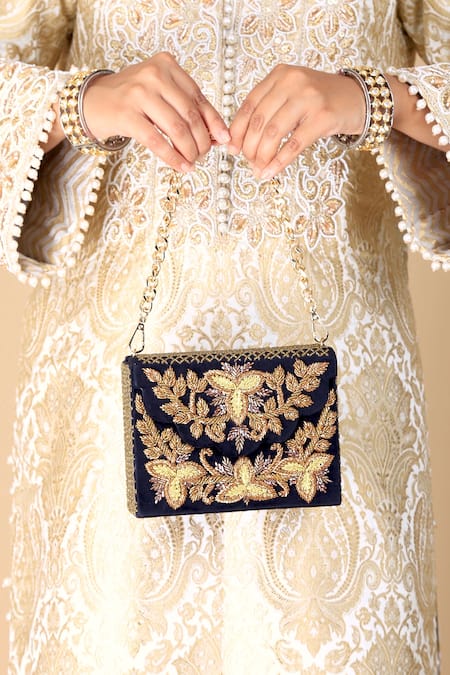 Adora By Ankita_Black Zari, Embroidery Velvet Clutch Bag _Online_at_Aza_Fashions
