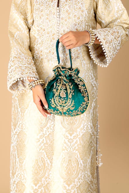 Adora By Ankita Embroidered Green Velvet Potli Bag 