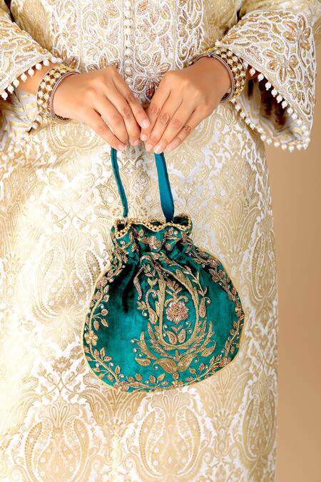 Adora By Ankita_Green Zari, Embroidery Velvet Potli Bag _Online_at_Aza_Fashions