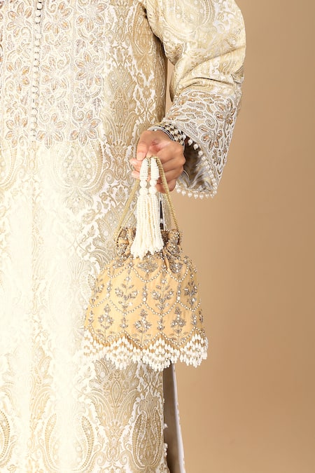 Adora By Ankita_Gold Zari, Pearls, Sequins Nur Jahan Potli Bag _Online_at_Aza_Fashions