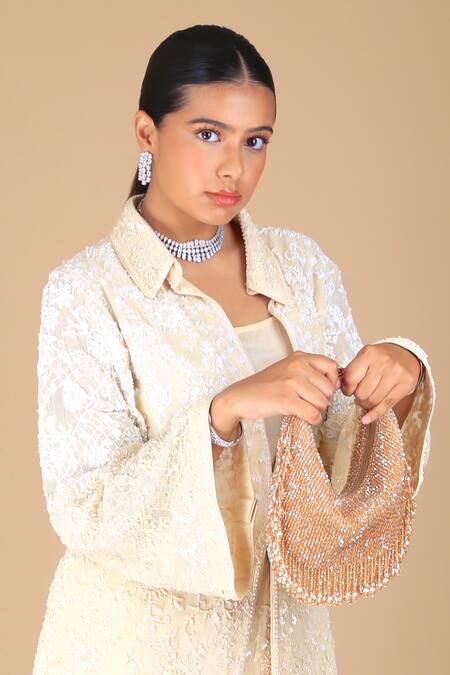 Adora By Ankita_Gold Crystals Moon Flapper Handbag _Online_at_Aza_Fashions
