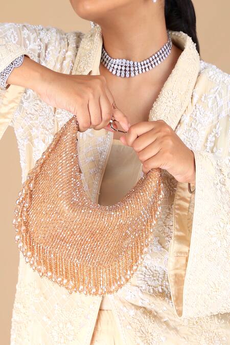 Buy_Adora By Ankita_Gold Crystals Moon Flapper Handbag _Online_at_Aza_Fashions