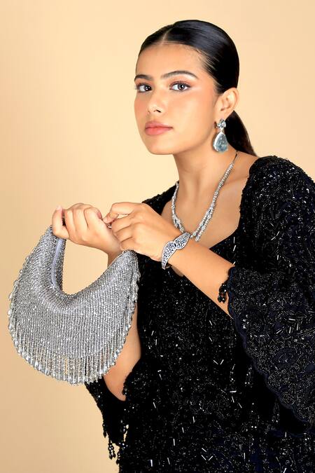 Adora By Ankita_Silver Crystals Moon Flapper Handbag _Online_at_Aza_Fashions
