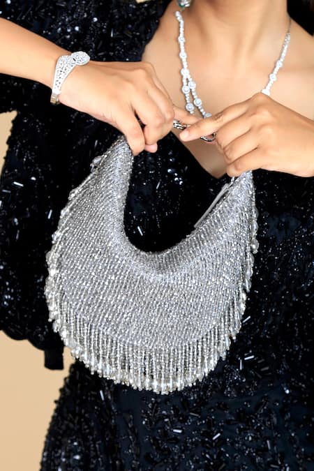 Adora By Ankita Silver Crystal Moon Flapper Handbag 