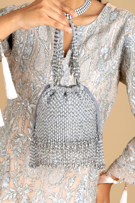 Adora By Ankita_Gray Crystals Grey Flapper Potli Bucket Bag _Online_at_Aza_Fashions