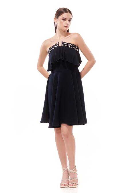 Maenaam_Navy Polyester Studs Off-shoulder Fit-n-flare Tube Dress With Ruffle_Online_at_Aza_Fashions