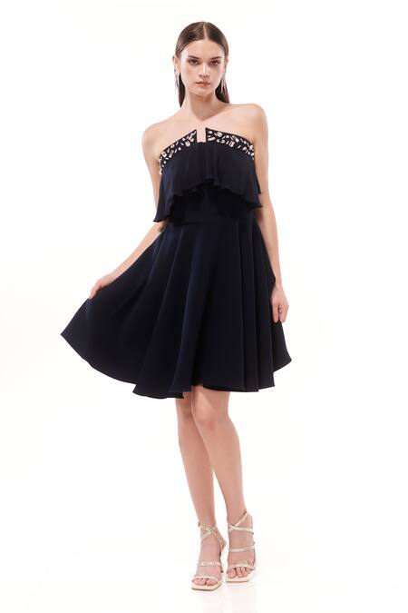 Buy_Maenaam_Navy Polyester Studs Off-shoulder Fit-n-flare Tube Dress With Ruffle_Online_at_Aza_Fashions