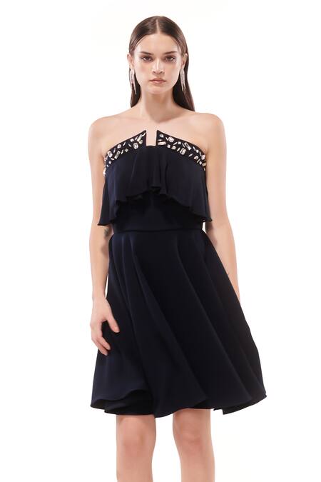 Shop_Maenaam_Navy Polyester Studs Off-shoulder Fit-n-flare Tube Dress With Ruffle_Online_at_Aza_Fashions