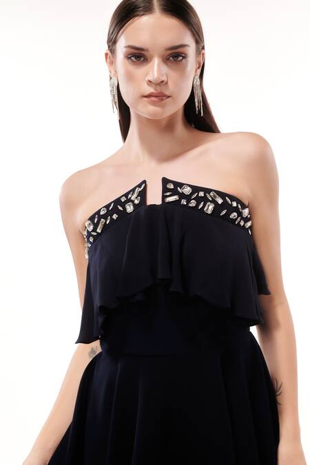 Maenaam_Navy Polyester Studs Off-shoulder Fit-n-flare Tube Dress With Ruffle_at_Aza_Fashions