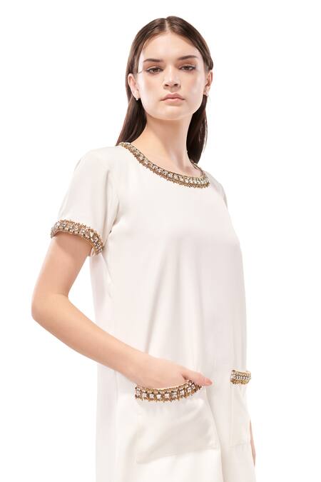 Maenaam_Ivory Polyester Round Neck Embellished Shift Dress_Online_at_Aza_Fashions