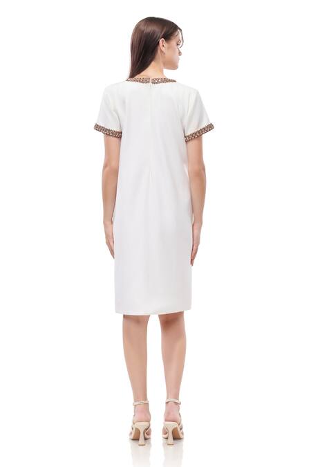 Shop_Maenaam_Ivory Polyester Round Neck Embellished Shift Dress_at_Aza_Fashions