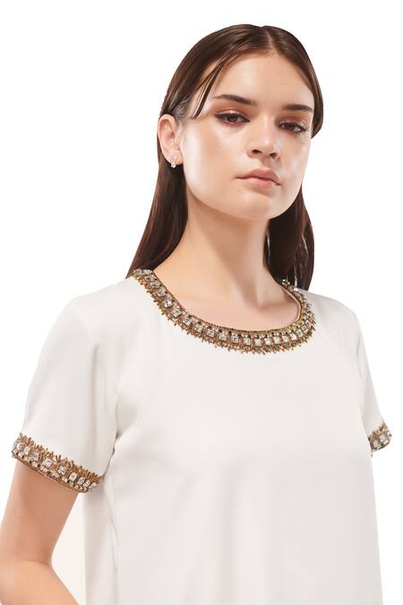 Shop_Maenaam_Ivory Polyester Round Neck Embellished Shift Dress_Online_at_Aza_Fashions