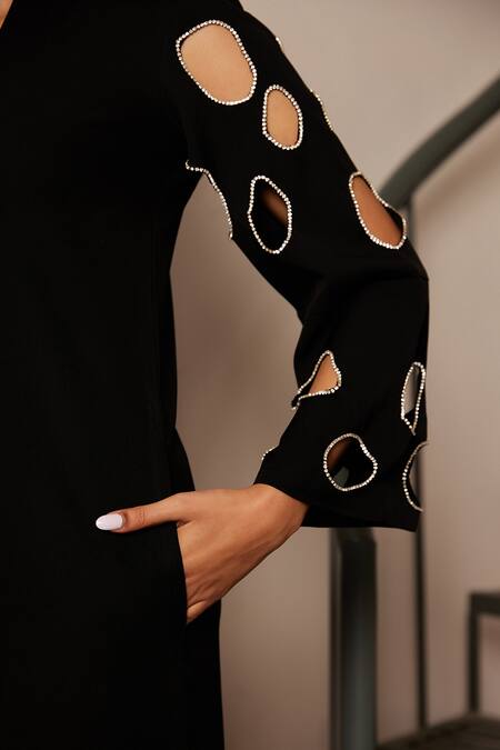 Maenaam_Black Crepe Studs V-neck Chloe Cut Out Studded Shift Dress_Online_at_Aza_Fashions