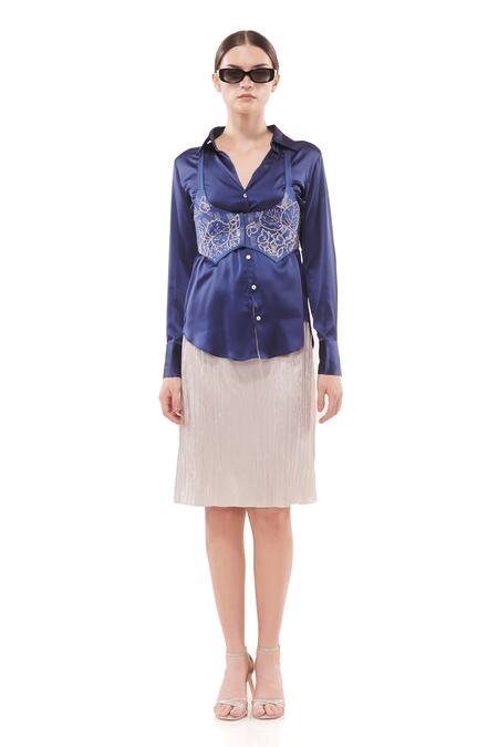 Maenaam_Blue Satin Beads Collared Sapphire Saeng Bodice Shirt_Online_at_Aza_Fashions