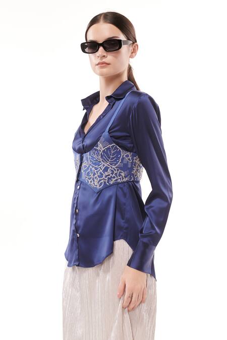 Buy_Maenaam_Blue Satin Beads Collared Sapphire Saeng Bodice Shirt_Online_at_Aza_Fashions
